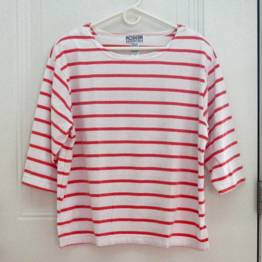 1992 Sears Modern Essentials 1X Top Boat-neck Salmon & White Horizontal Stripe